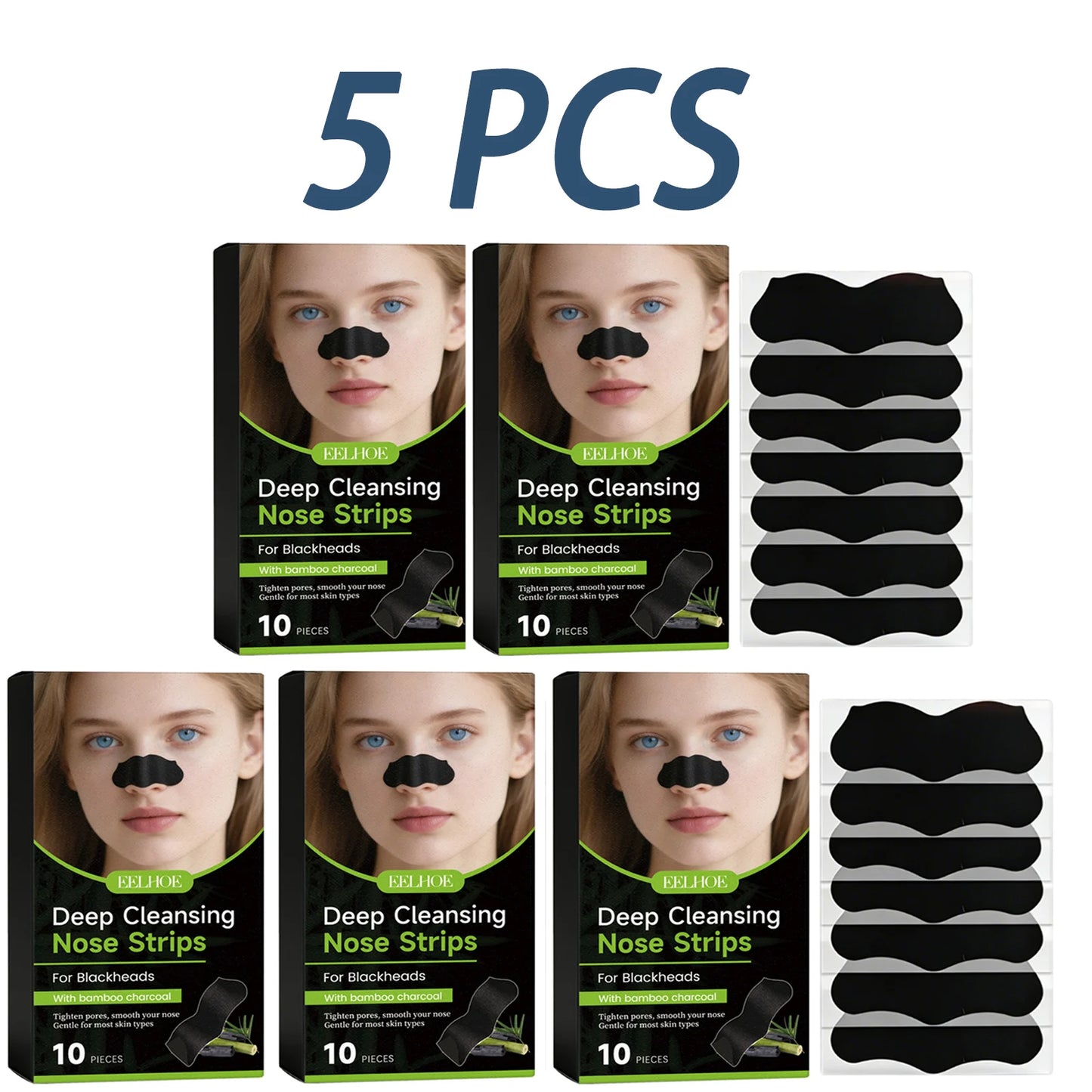 Deep Cleansing Nose Strips Removing Blackhead Unclogs Pores Control Oil Smooths Nose Skin Refreshing Bamboo Charcoal Pore Strips Peaceful Pleasures Health and Wellness 5 x 10pcs Boxed