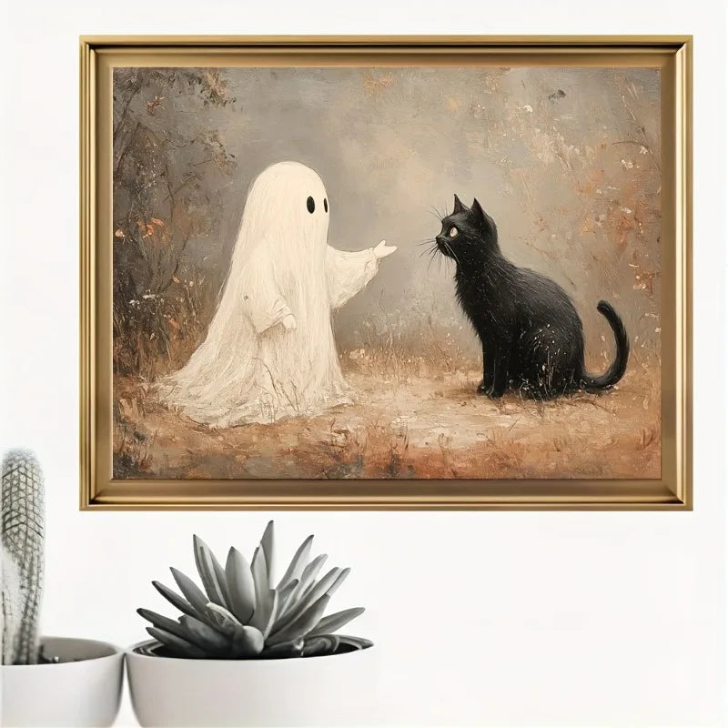 Retro Ghost & Black Cat Halloween Canvas Wall Art Poster Canvas Wall Art Print Peaceful Pleasures Health and Wellness