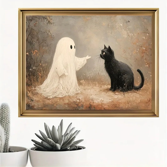 Retro Ghost & Black Cat Halloween Canvas Wall Art Poster Canvas Wall Art Print Peaceful Pleasures Health and Wellness