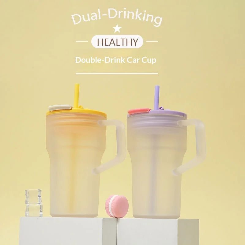 680ML Creative Double-drinking Straw Cup, Simple 22oz Single-layer Plastic Car Cup, Girls' Office Drinkware Daily Water Cup Peaceful Pleasures Health and Wellness