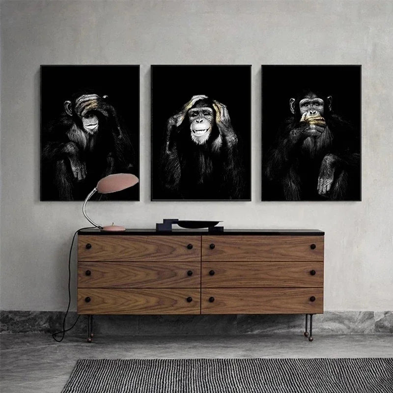 Animal Poster Large Size Posters Canvas Painting Wall Art Dark 3 Funny Monkey Posters and Prints for Living Room Home Decoration Peaceful Pleasures Health and Wellness