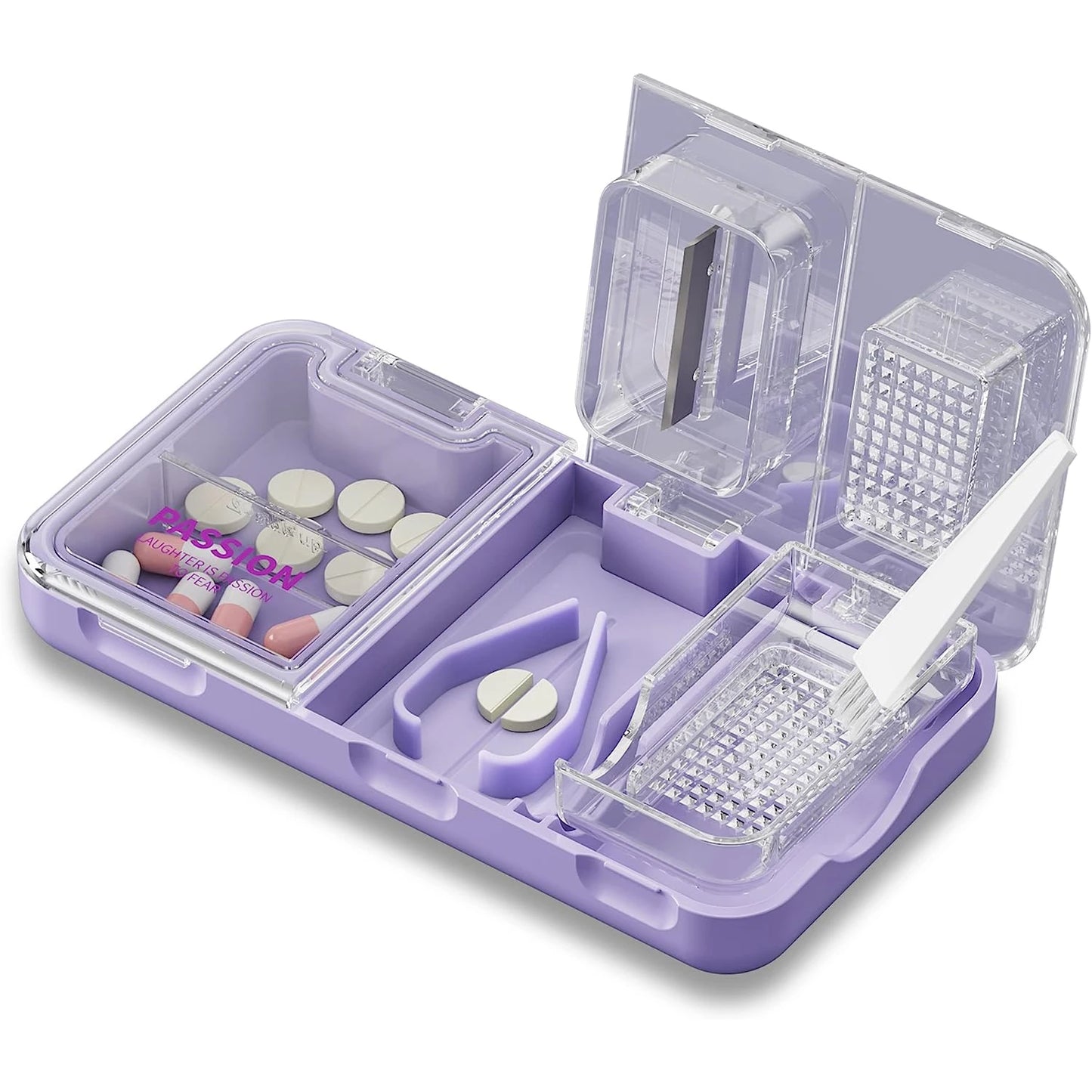 3-in-1 Pill Cutter Splitter Pill Box Portable Pretty Pill Crusher for Purse Pocket Travel Cuts Vitamins Tablets Pill Organizer Peaceful Pleasures Health and Wellness Passion Purple