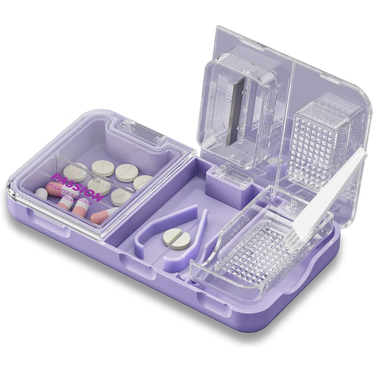 3-in-1 Pill Cutter Splitter Pill Box Portable Pretty Pill Crusher for Purse Pocket Travel Cuts Vitamins Tablets Pill Organizer Peaceful Pleasures Health and Wellness Passion Purple