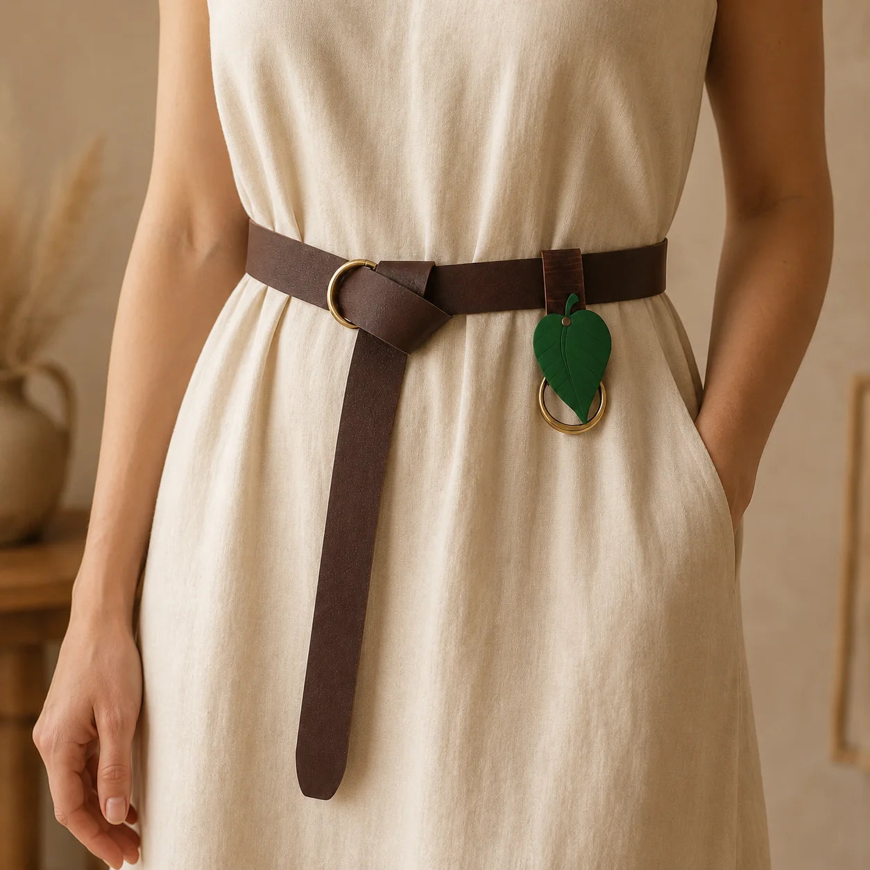 Boho Leaf Pendant Waist Belt Brown Leather Look Ring Dresses