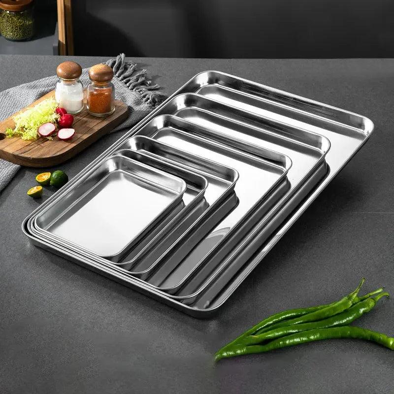 1pc/2pcs New household 304 stainless steel vermicelli plate thickened rectangular flat bottom Liangpi plate barbecue plate Peaceful Pleasures Health and Wellness