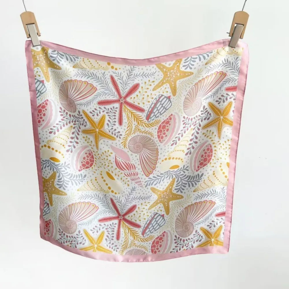 Y2K Starfish Shell Print Satin Square Scarf | 70x70cm Satin Square Scarf Peaceful Pleasures Health and Wellness Pink