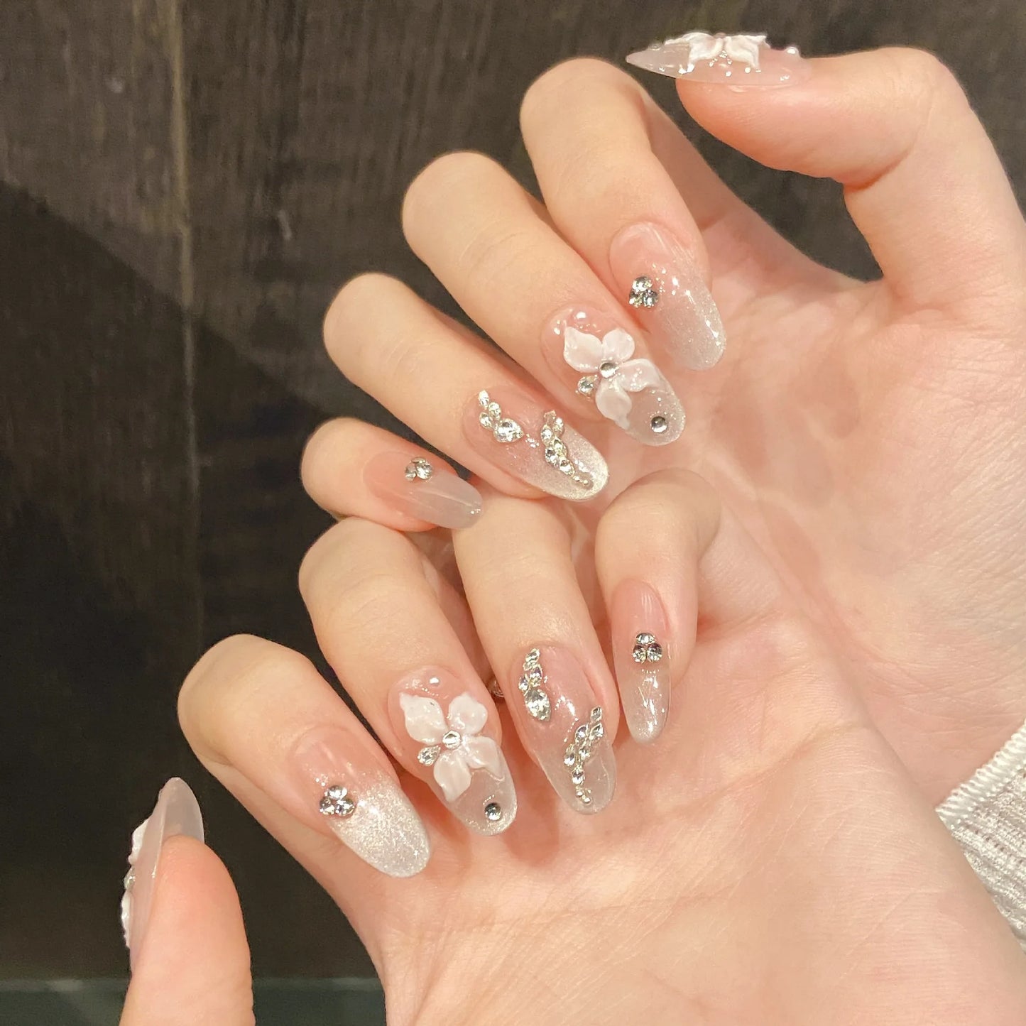 French Cat Eye Press On Nails | Purple Flower Almond Shape 10pcs