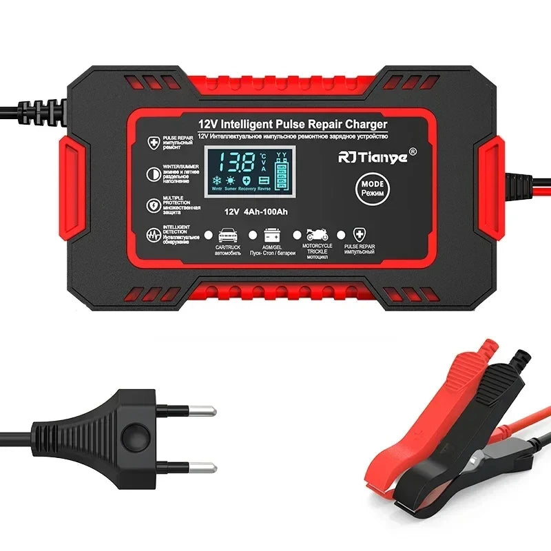 Hot Sell Car Battery Charger 12V 6A Touch Screen Pulse Repair LCD Fast Power Charging Wet Dry Lead Acid Digital LCD Display Peaceful Pleasures Health and Wellness Red EU plug