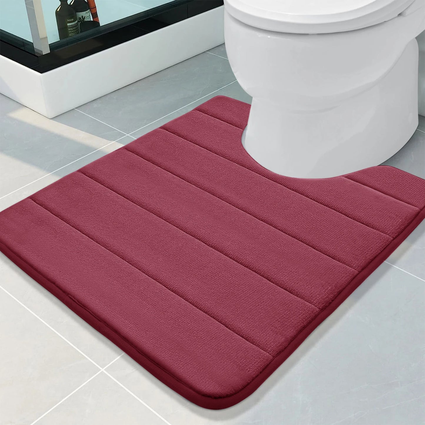 U-Shape Bathroom Mat 50x60CM Ultra Absorbent Memory Foam Bath Mat Non-Slip Toilet Mat for Bathroom Floor Home Decoration Peaceful Pleasures Health and Wellness Wine Red 500MMx600MM