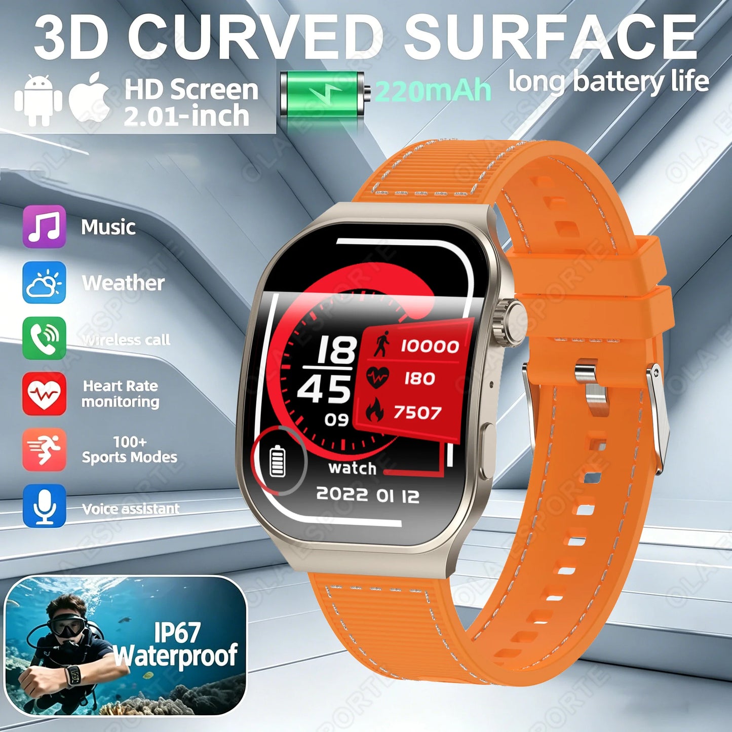 Ola Esporte Bluetooth Smart Watch Men 2.01" HD | Android iOS