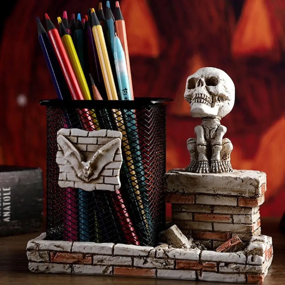 Scary Halloween Skull Pen Holder Resin Crafts Festival Skulls Pencil Storage Bucket Funny Skeleton Toothbrush Holder Peaceful Pleasures Health and Wellness
