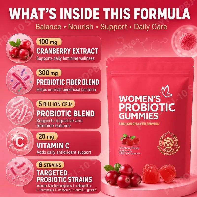 Women's Probiotic Gummies 5B CFUs Cranberry Prebiotic 60ct