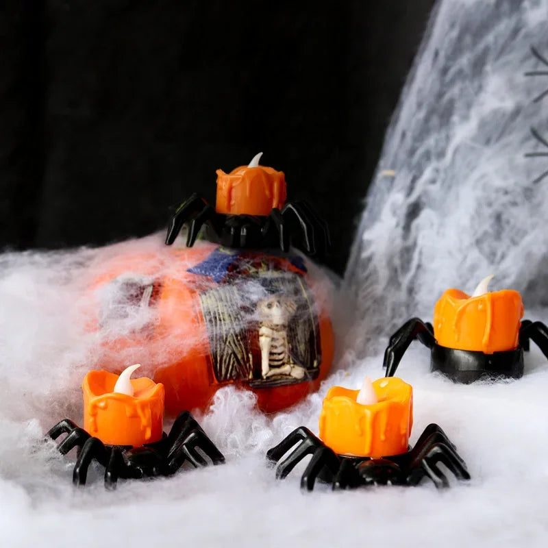 Halloween Pumpkin LED Candle & Spider Night Light Ornament Set