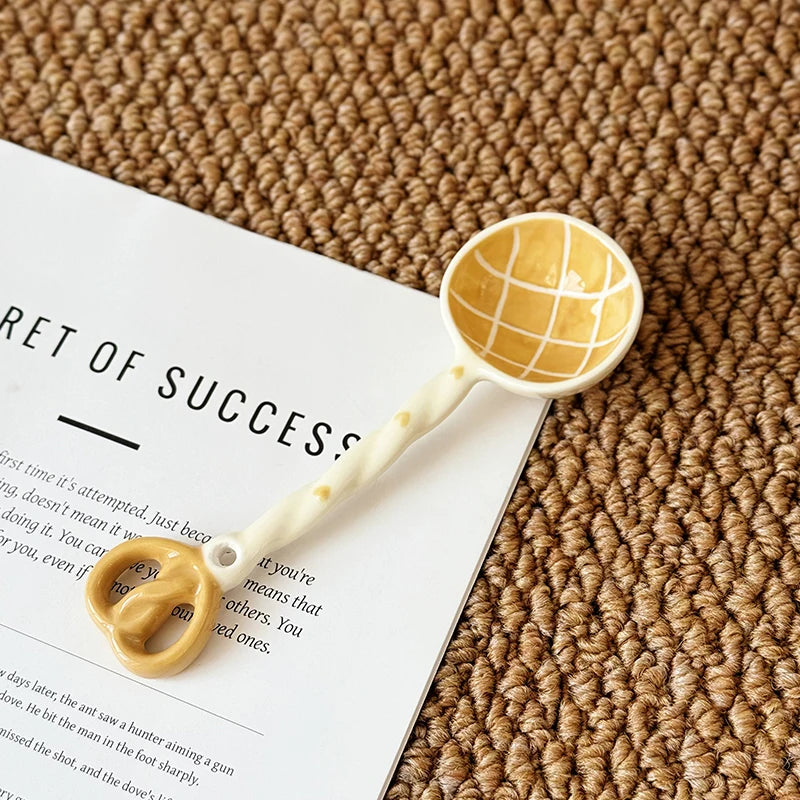 High Aesthetic Ceramic Long Handled Spoon Cute Baking Bread and Biscuit Design Household Rice Spoon Soup Spoon Underglaze Color Peaceful Pleasures Health and Wellness F
