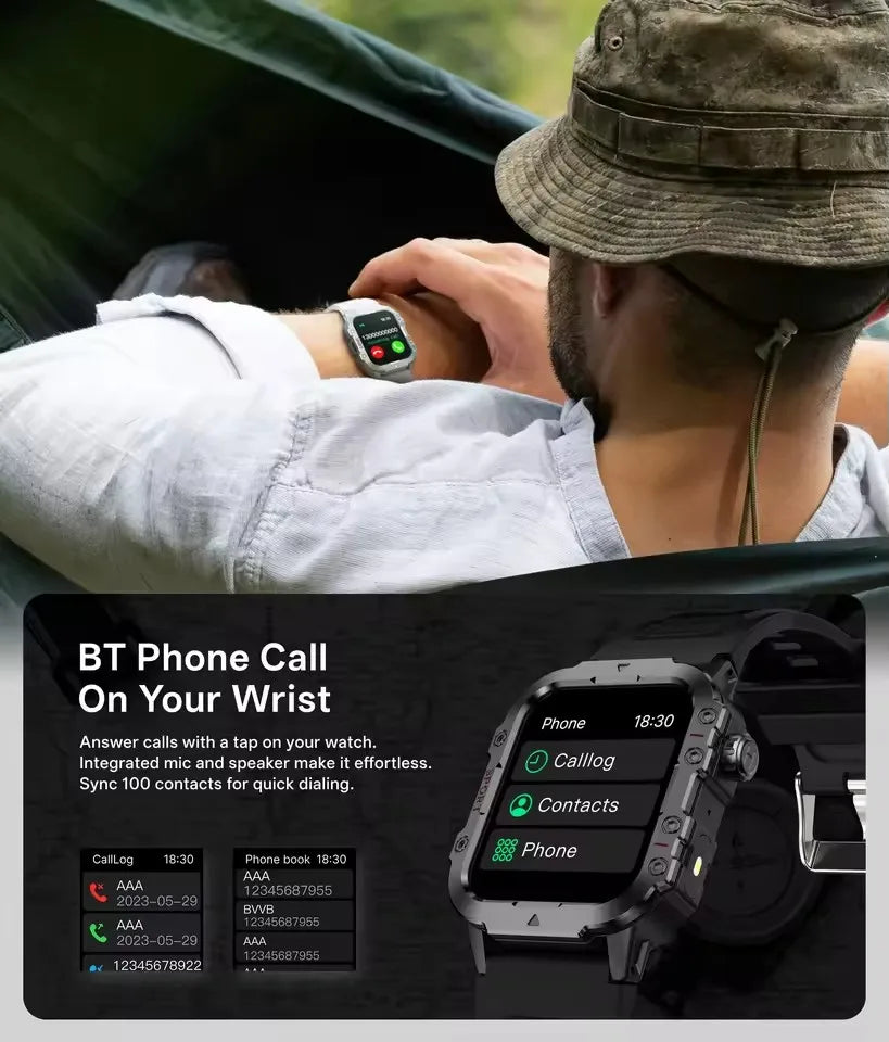 2026 Rugged Military Smart Watch Men's Outdoor Watch LED Flashlight 2.01'' HD Touch Screen Voice Bluetooth Call Smartwatch Gifts Peaceful Pleasures Health and Wellness
