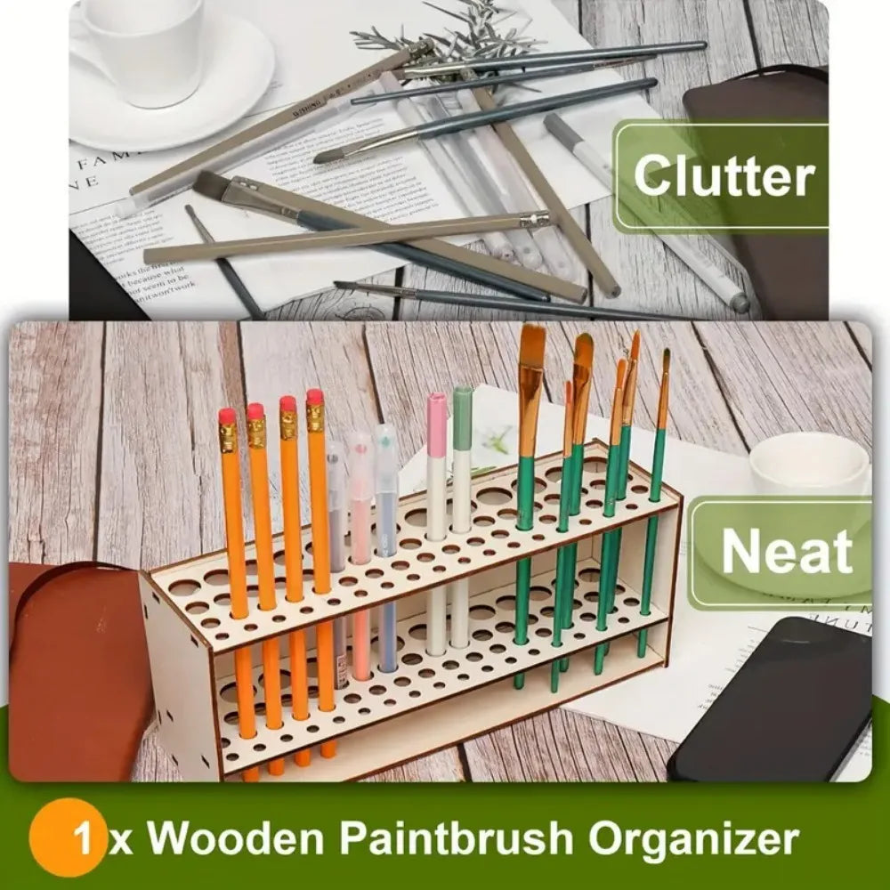 67-Slot Wooden Brush Holder | Double-Layer Artist Organizer Brush & Pen Holder Peaceful Pleasures Health and Wellness