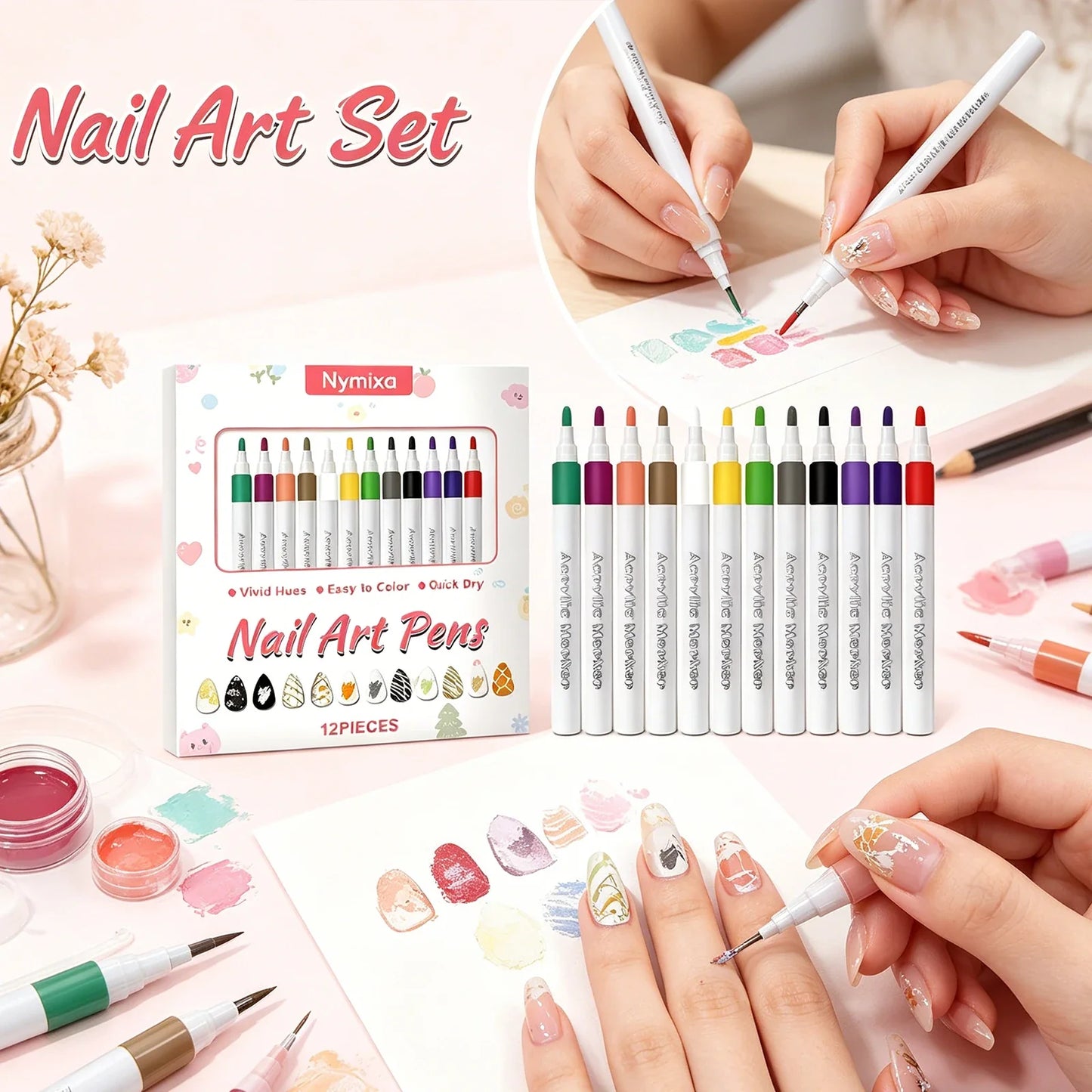 12-Piece Multicolor Nail Art Pen Set – Waterproof DIY Manicure
