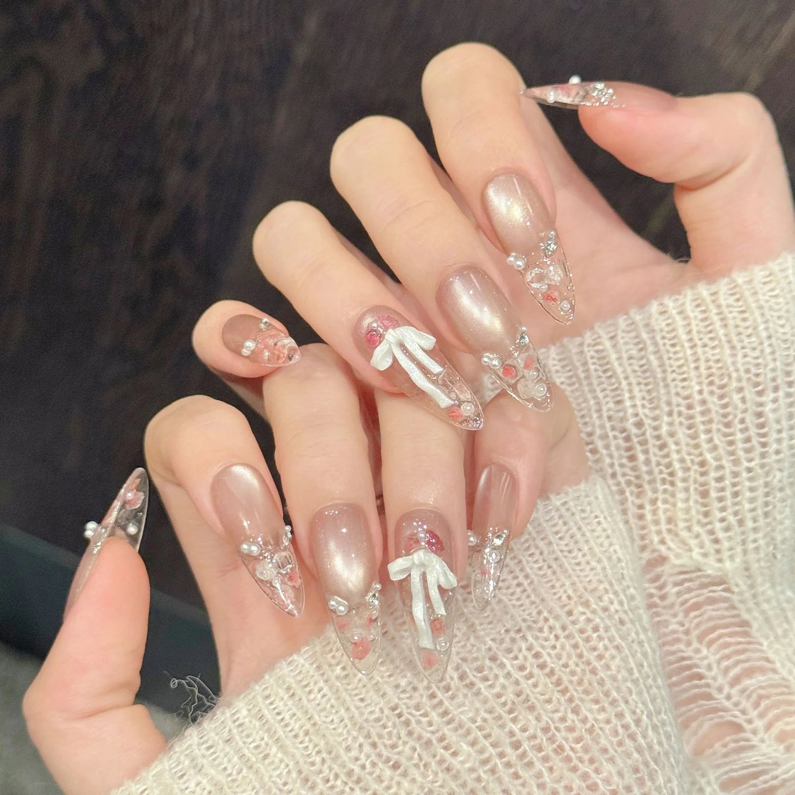 Handmade Press On Nails Flowers French Tip Almond False Nails With 3D Bow Rhinestones Decor Reusable Cat's Eye Fake Nails 10pcs Peaceful Pleasures Health and Wellness L