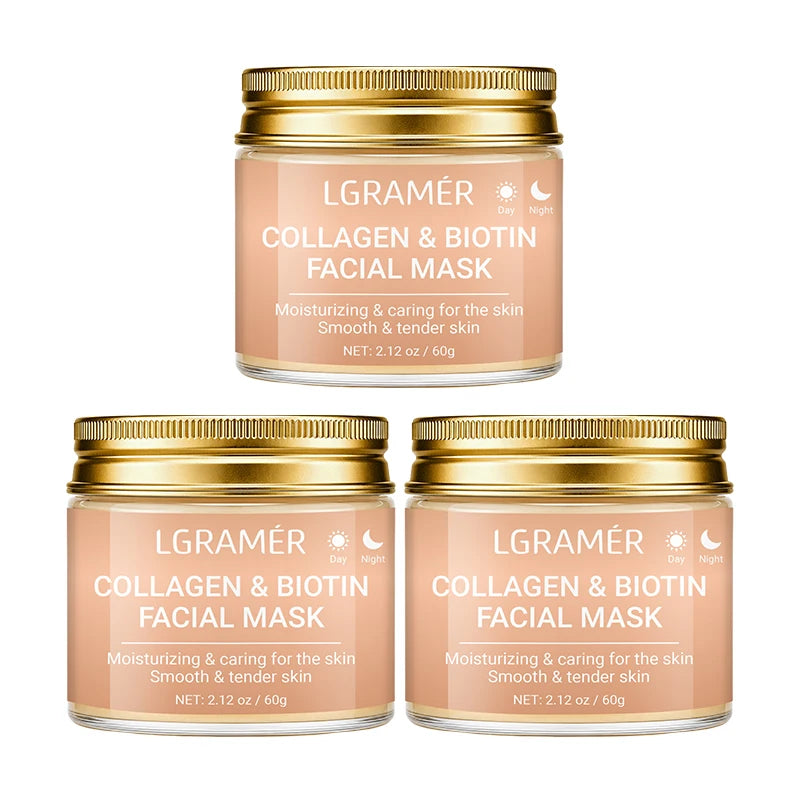 Collagen & Biotin Day Night Mask, Intense Moisturizing Hydration, Smooth Rough Skin, Make Skin Tender Soft & Glowing Facial Care Peaceful Pleasures Health and Wellness 60g-3pcs