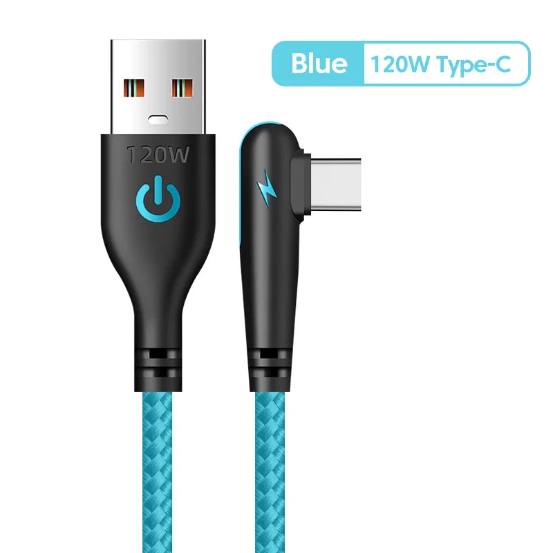 120W 90 Degree USB Type C Cable Fast Charging Elbow Design Nylon Braided Data Sync Cord For Samsung Xiaomi Huawei Gaming Phone Peaceful Pleasures Health and Wellness Blue 1m