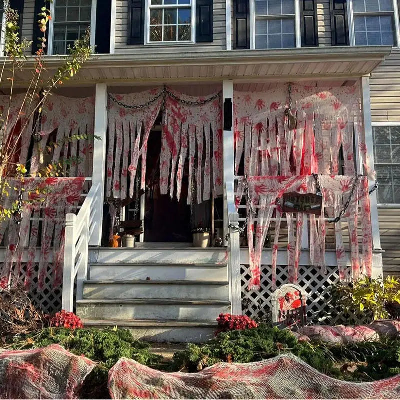 Halloween Bloody Handprints Door Curtain Scary Blood Stained Gauze Fabric Strip Horror Themed Party Props DIY Household Decor Peaceful Pleasures Health and Wellness