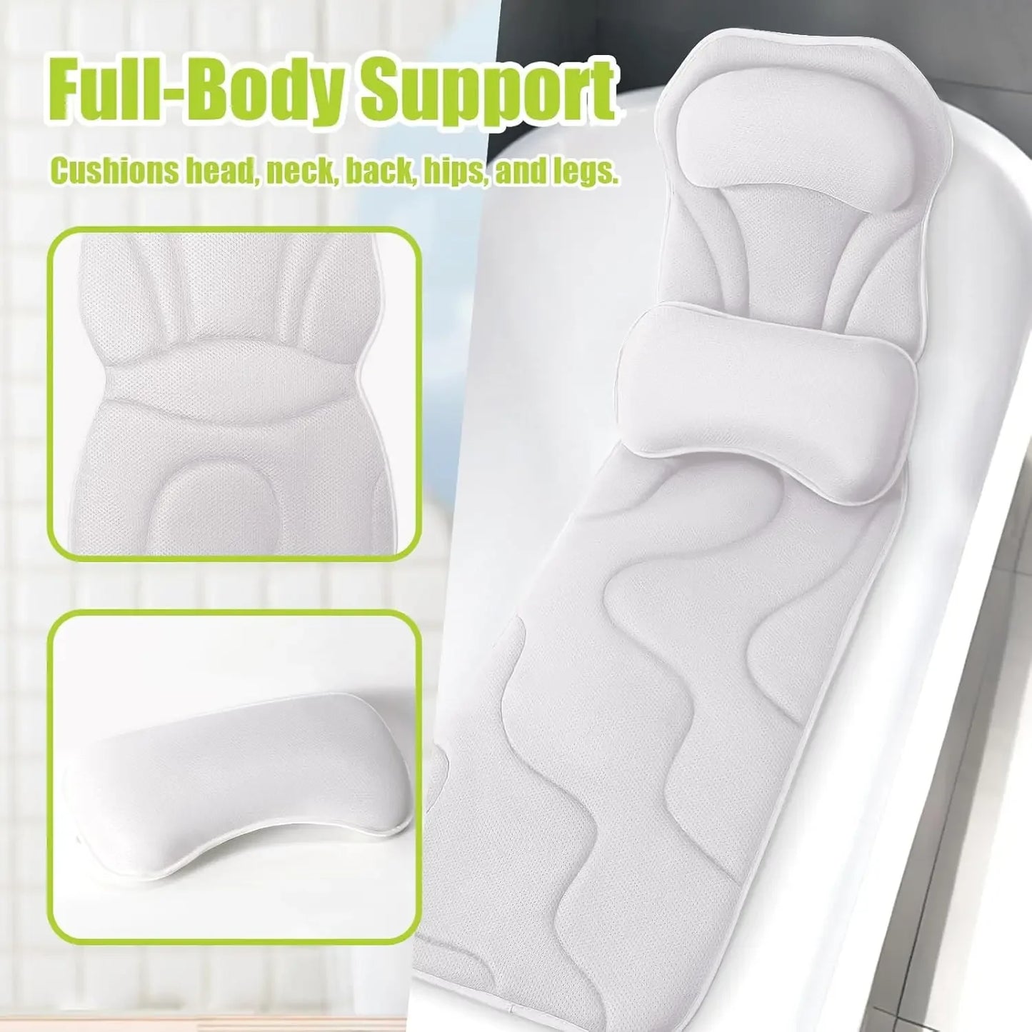 Extra Long & Thick Bath Pillow with Full Body Support, 168 Suction Cups, Soft Mesh for All Tubs Peaceful Pleasures Health and Wellness