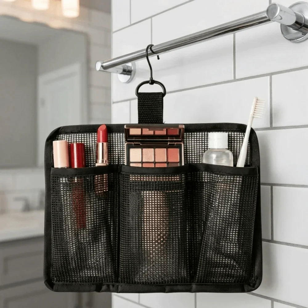 3-Compartment Mesh Hanging Toiletry Bag with Hook | Shower Bag