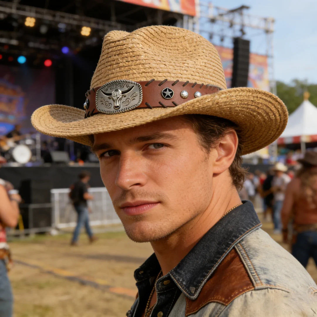 Straw Western Cowboy Hat Bull Skull Buckle Leather Band Wide Brim