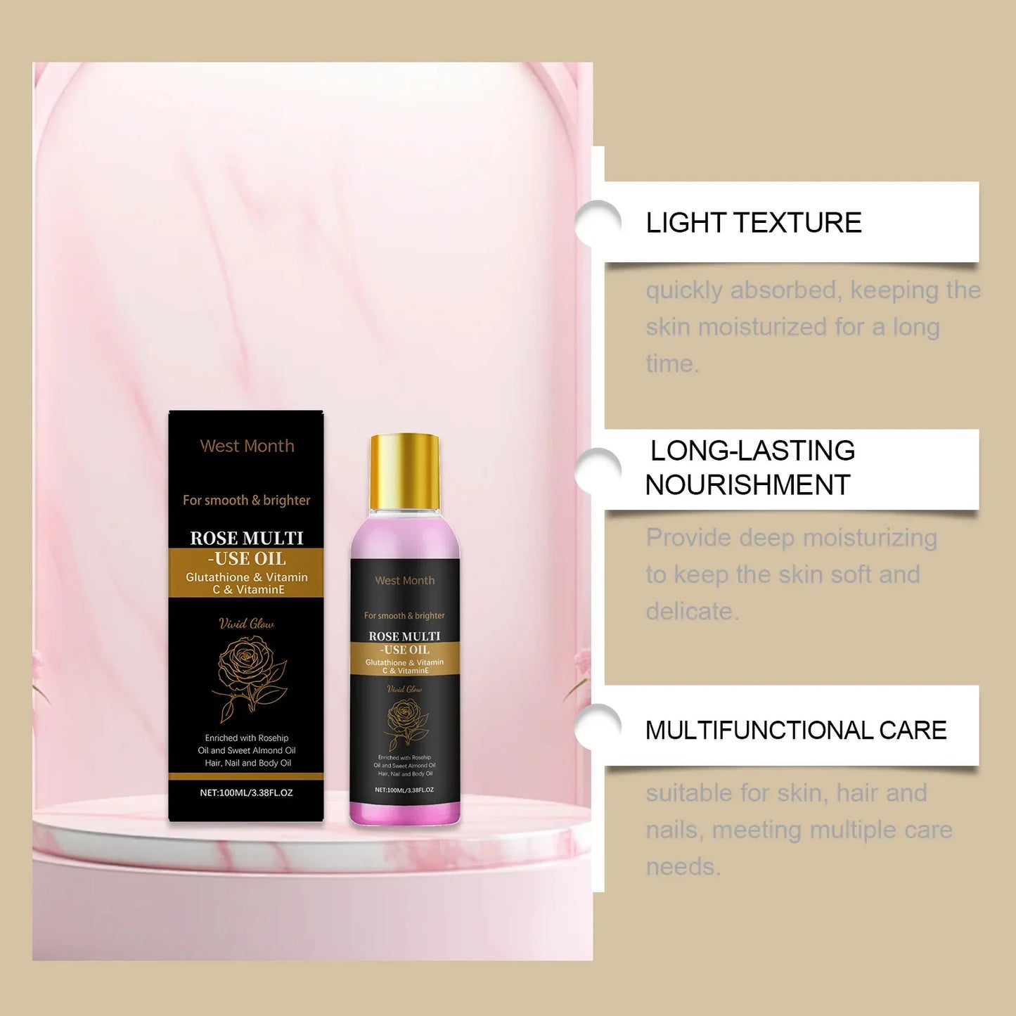 100ml Rose Multi-Use Essential Oil – Face, Hair & Nail Care