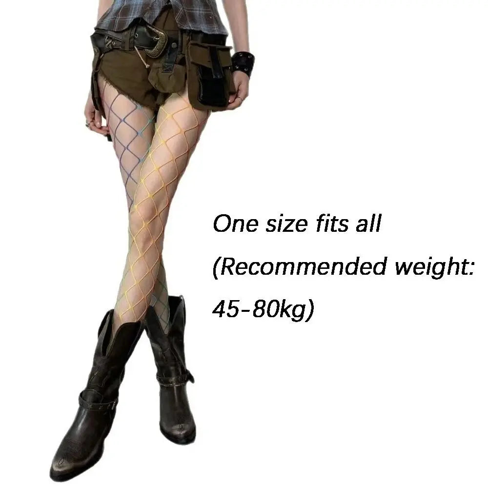 Y2K Rainbow Fishnet Stockings – Gradient Mesh High Waist Tights