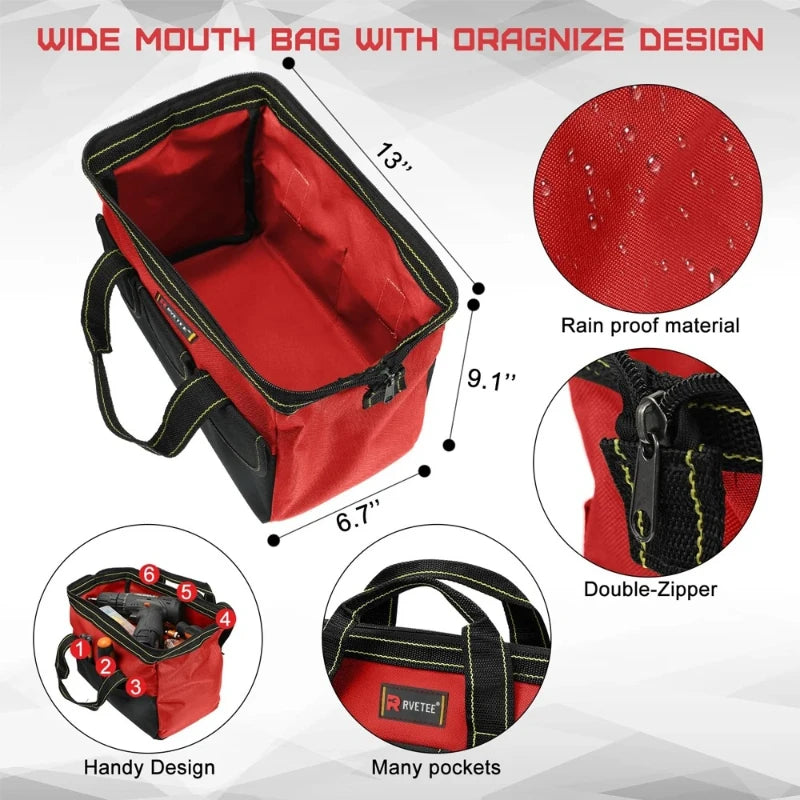 13in Heavy-Duty Tool Bag Waterproof Molded Base Multi-Pocket Wide-Mouth Organizer Large Capacity Storage Backpack Porta Tools Peaceful Pleasures Health and Wellness