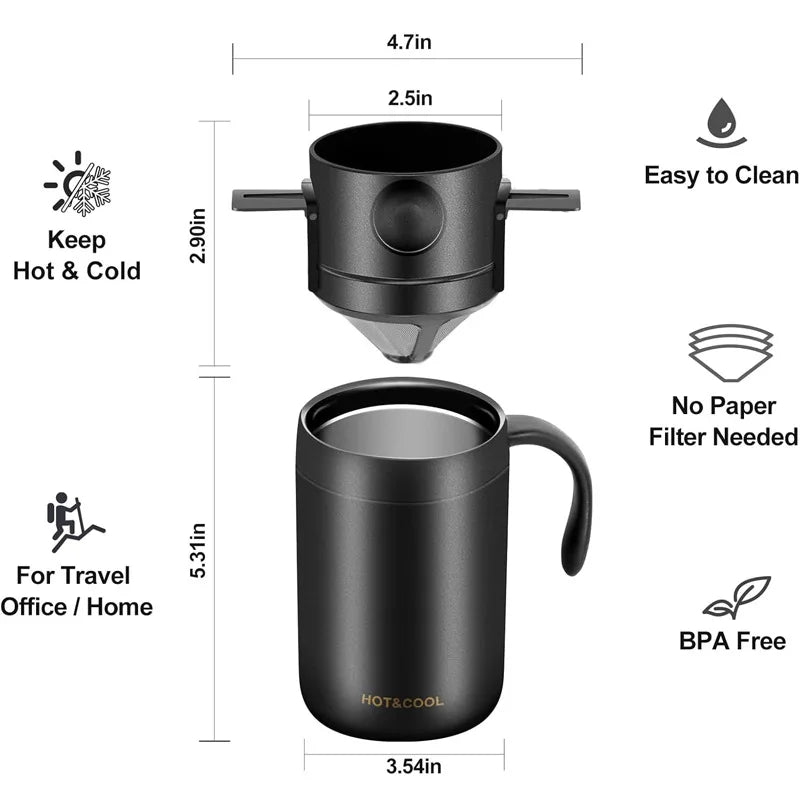 Portable Pour-Over Coffee Set | Stainless Steel Mug & Drip Filter Pour-Over Coffee Set Peaceful Pleasures Health and Wellness
