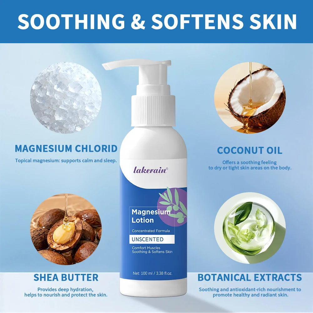 Lakerain Magnesium Body Lotion Concentrated Formula Soothing Softens Skin Comfort Muscles Nourishing and Hydrating Body Cream Peaceful Pleasures Health and Wellness