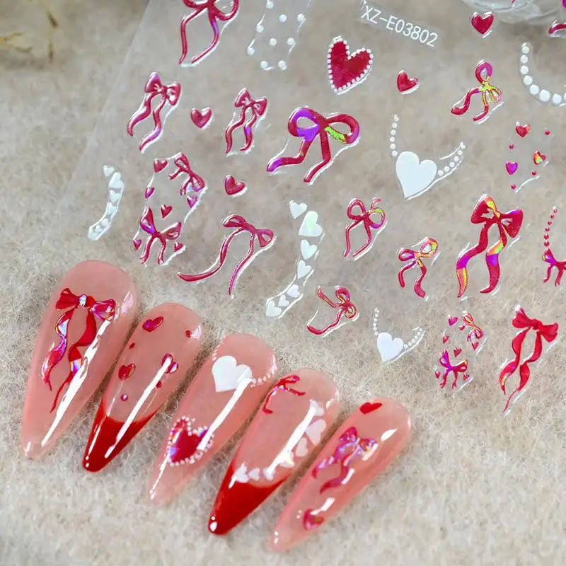 Aurora French Ribbon Heart Nail Stickers Pearl Love Chain Adhesive Nail Decals Valentine's Day Bows Manicure Sticker Peaceful Pleasures Health and Wellness