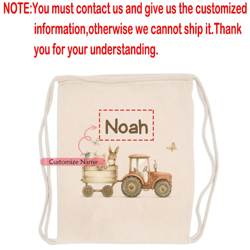 Personalized Tractor Drawstring Backpack | Custom Kids Name Bag