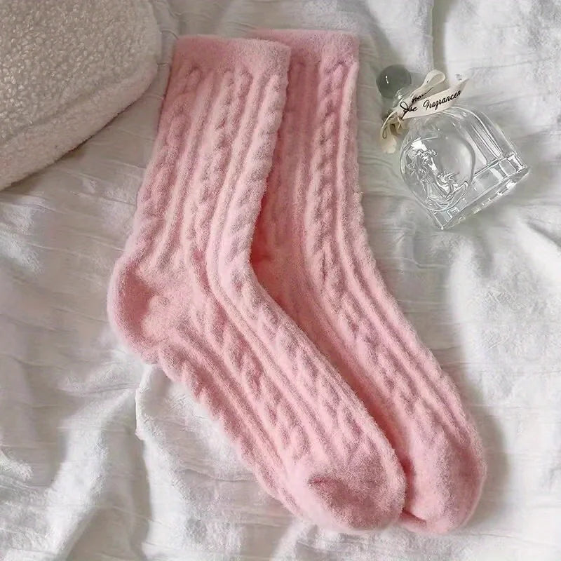 New Soft and Fluffy Fluffy Socks Autumn Winter Thicken and Thickened Macaron Color Mid Calf Sock for Cold Protection Solid Color Peaceful Pleasures Health and Wellness 1pair-pink One Size