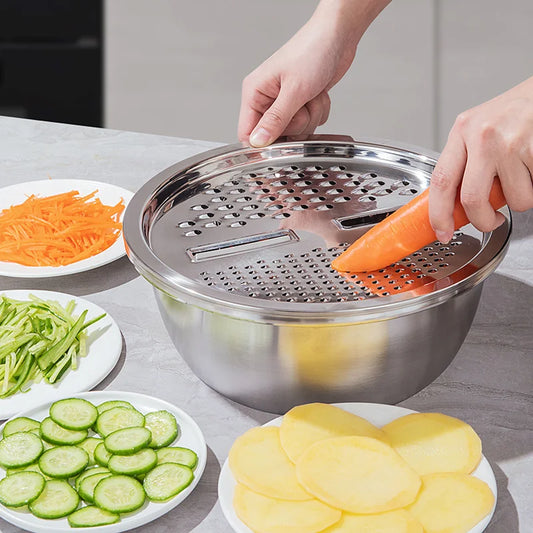 3-Piece Stainless Steel Multifunctional Strainer and Mixing Bowl for Washing and Slicing Fruits Vegetables Essential for Kitchen Peaceful Pleasures Health and Wellness