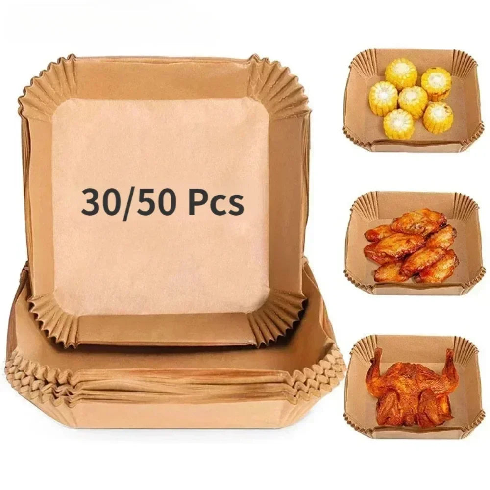50/30 Pieces Kitchens Accessories Air Fryer Paper Kitchen Utensils Disposable Square Round Pastry Molds BBQ Plate Non-stick Pad Peaceful Pleasures Health and Wellness