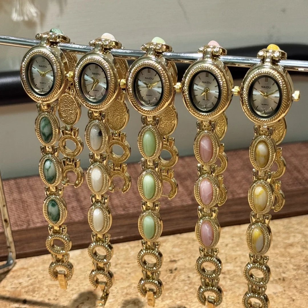 Fashionable Versatile Oval Natural Stone Women Quartz Watch High Quality Gold Quartz Watches Ladies Advanced Chain Wristwatches Peaceful Pleasures Health and Wellness