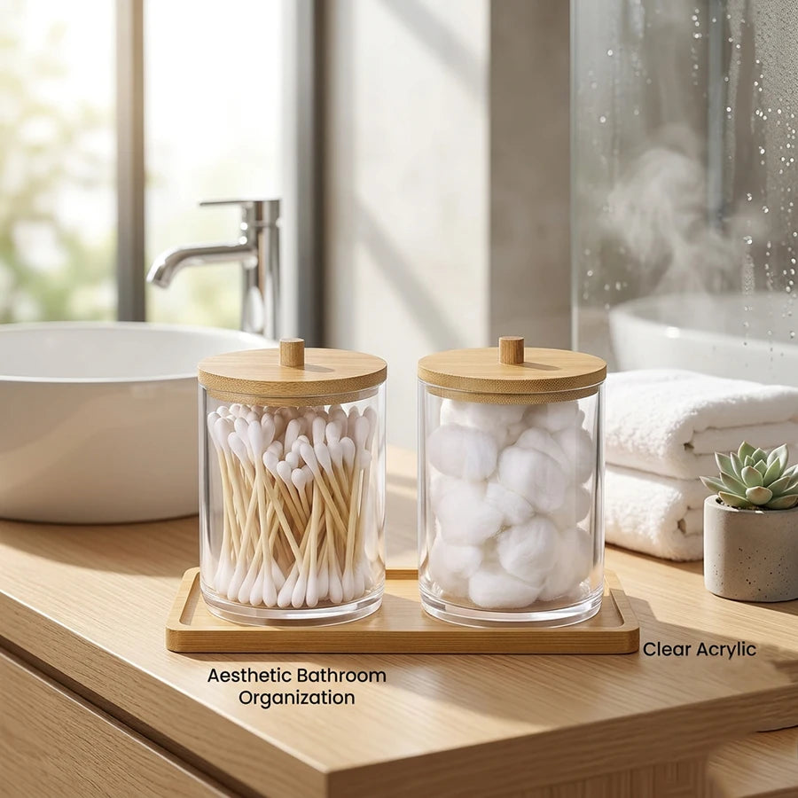 Acrylic Cotton Swab Holder Canister with Tray – 2-Pack 10oz Apothecary Jar Bathroom Organizer