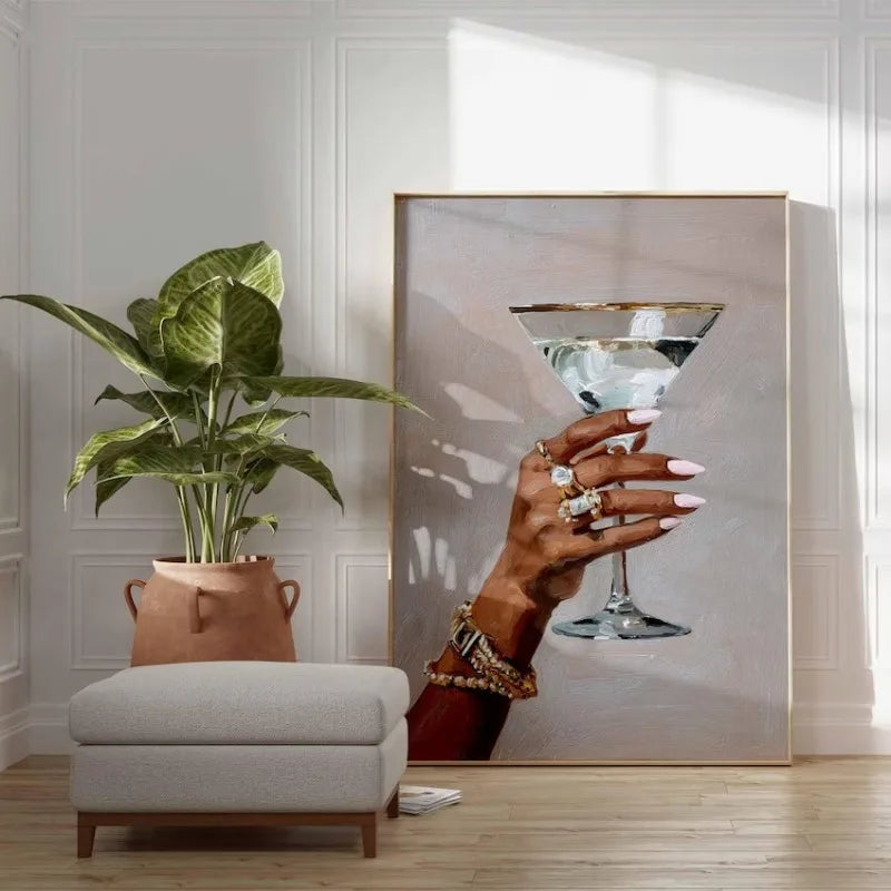 Chic Martini Glass Poster Hand Holding Cocktail Modern Champagne Canvas Painting Fashion Wall Art Bar Kitchen Room Home Decor Peaceful Pleasures Health and Wellness