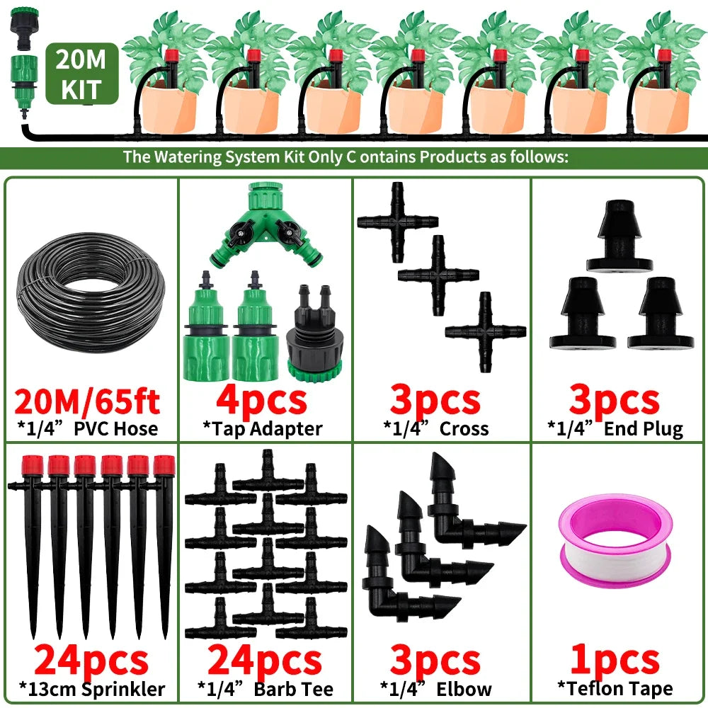 Garden Drip Irrigation Automatic Watering System Kit 1/4'' 13CM Sprinkler for Bonsai Pot Plant Flower Vegetable Greenhouse Peaceful Pleasures Health and Wellness 20M