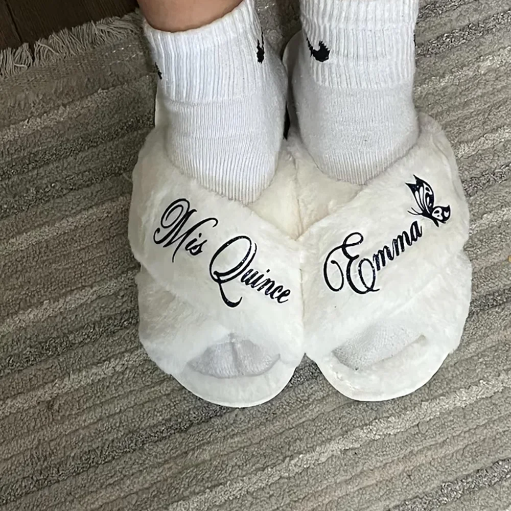 Custom Mis Quince Fluffy Slippers – Quinceañera Birthday Gift