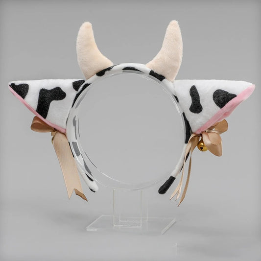 Cartoon Plush Cow Ears Horn Headband Small Bells Ribbon Bow Anime Peaceful Pleasures Health and Wellness 1pcs