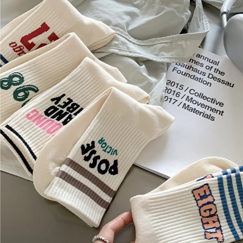 5 pairs of sports socks for women in autumn winter with striped letters sweat absorbing odor proof retro women's socks Peaceful Pleasures Health and Wellness