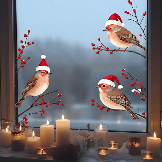 1PC Three Birds in Santa Hats Window Stickers Christmas Theme Red Berry Branches Decorative Wall Stickers for Glass and Window Peaceful Pleasures Health and Wellness