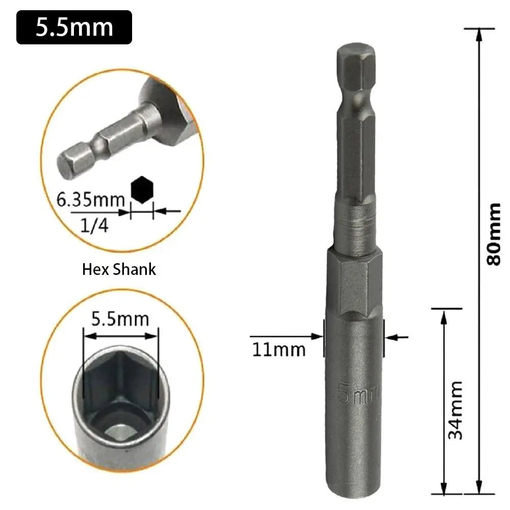 Magnetic Hex Nut Driver Bit Adapter 1/4" Shank 5.5–19mm 80mm