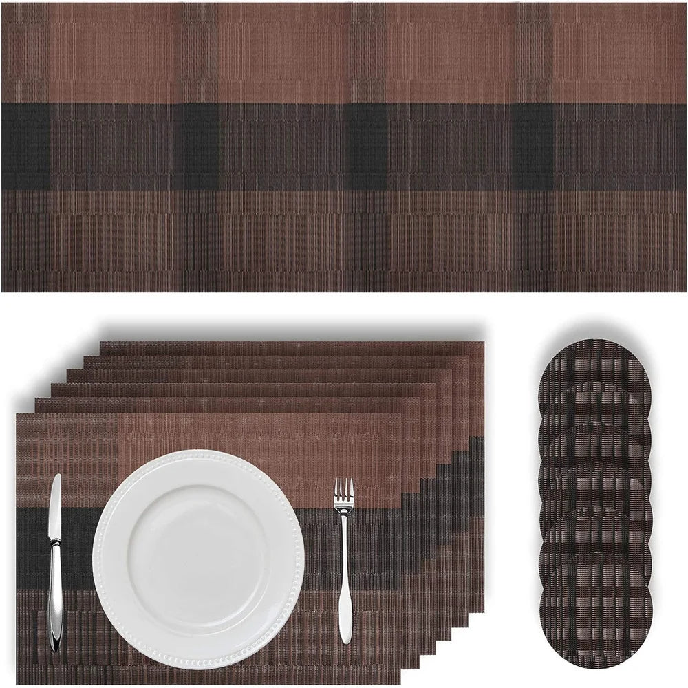 PVC Placemats Set Washable Dining Table Mats Set Tear-proof Heat Resistant 6 x Place Mats 6 x Coasters and 1 x Table Runner Peaceful Pleasures Health and Wellness Brown Black