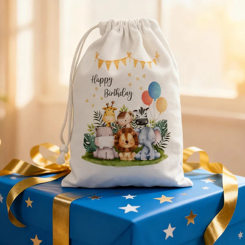 5/10/20pcs Happy Birthday Jungle Safari Drawstring Gift Bags Baby Shower Animals Themed Party Decoration Children's Gift Toy Bag Peaceful Pleasures Health and Wellness