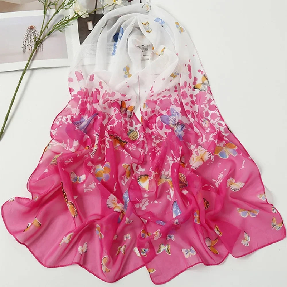 Women's Chiffon Floral Scarf – Gradient Long Wrap Shawl 160×50cm